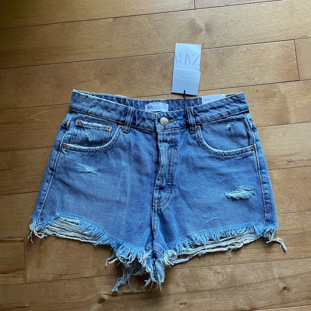 Zara Blue Jean Shorts Distressed Frayed Hem